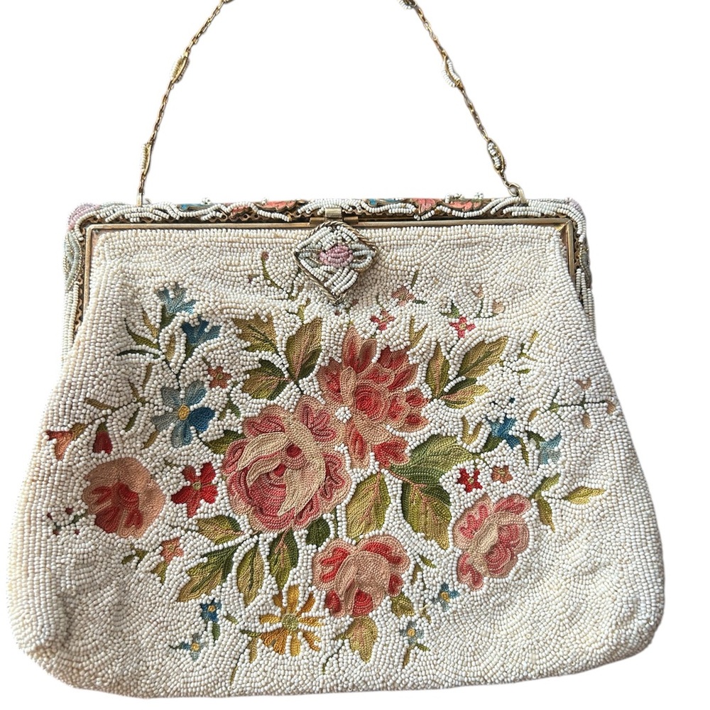 Vintage Micro Beaded, Embroidery & Enameled Delicate  Floral Handbag